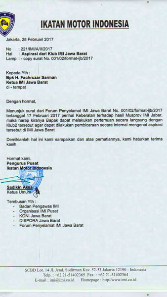 surat balesan dari PP IMI ke pengprov IMI Jabar