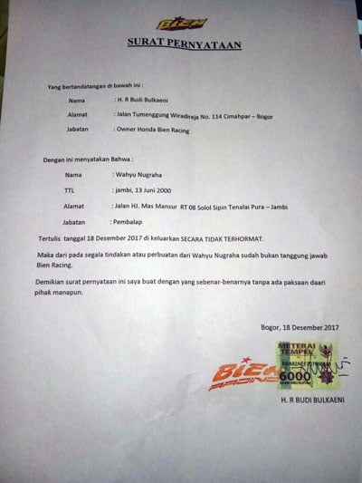 Surat pernyataan Bien Racing