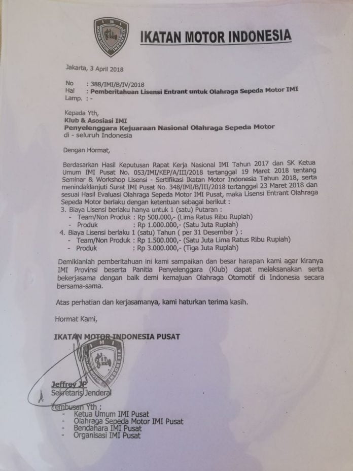 Edaran PP IMI tentang Lisensi entrant R2