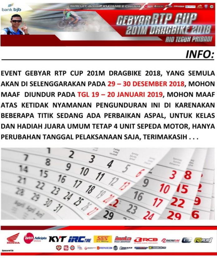 RTP Cup Drag Bike diundur 19-20 januari 2019