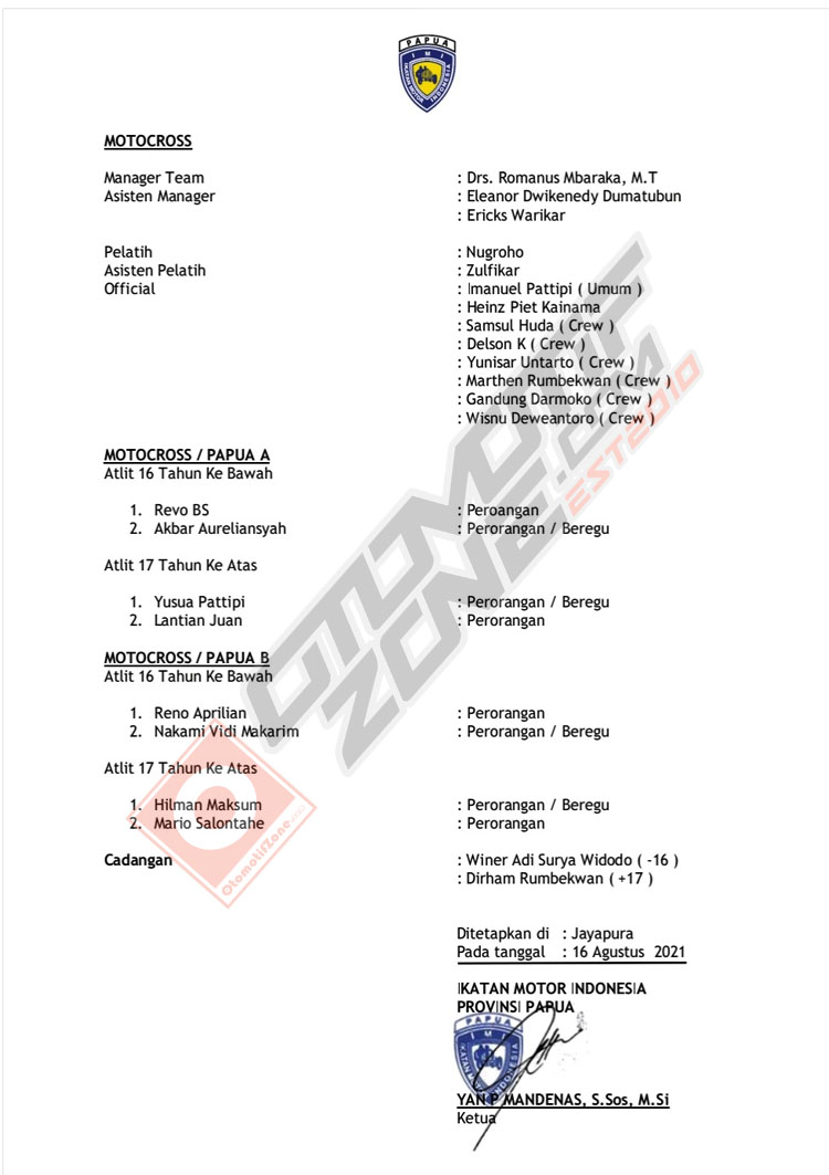 Daftar Pembalap Tim PON Motocross Provinsi Papua
